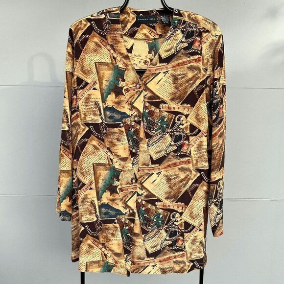 August Silk Vintage Print Blouse L - 100% Silk, History-Inspired Collage Pattern - Picture 5 of 9